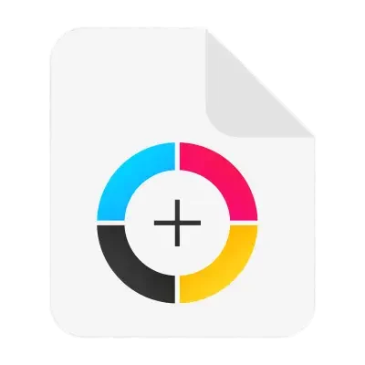 A white document icon with a grey folded corner, displaying a circular chart divided into four coloured segments (blue, pink, yellow, black) with a black plus sign in the centre.