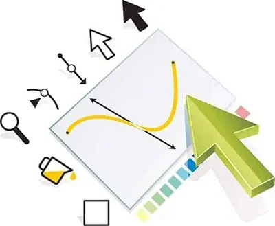 A digital illustration of graphic design tools, including a magnifying glass, colour palette, paint bucket, selection cursors, and a Bรฉzier curve on a white canvas with a large green arrow pointing to it.