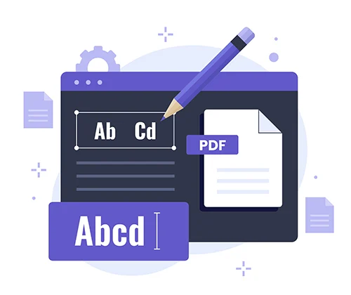 Illustration of a computer interface showing text editing tools, a pencil, a document labelled PDF, and font style options, representing PDF text editing or font customisation.