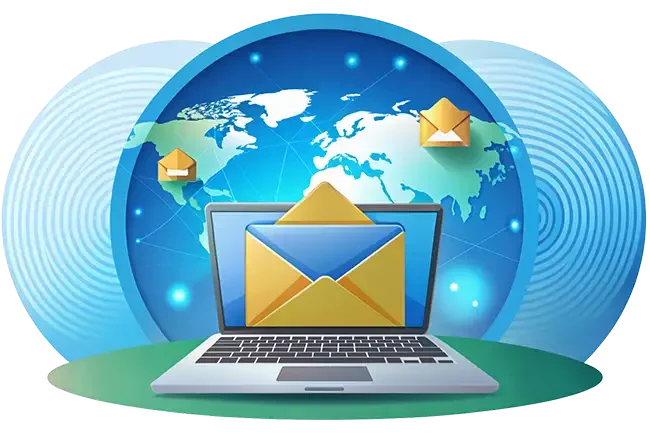 Illustration of a laptop with an open envelope on its screen, set in front of a world map. Additional envelopes appear around the map, symbolising global email communication.