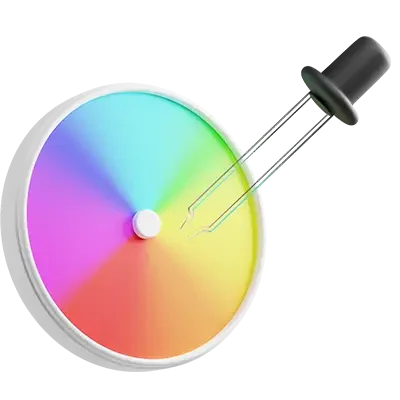 A colour wheel with a gradient of rainbow hues and a black dropper tool pointing towards it, representing colour selection or sampling.