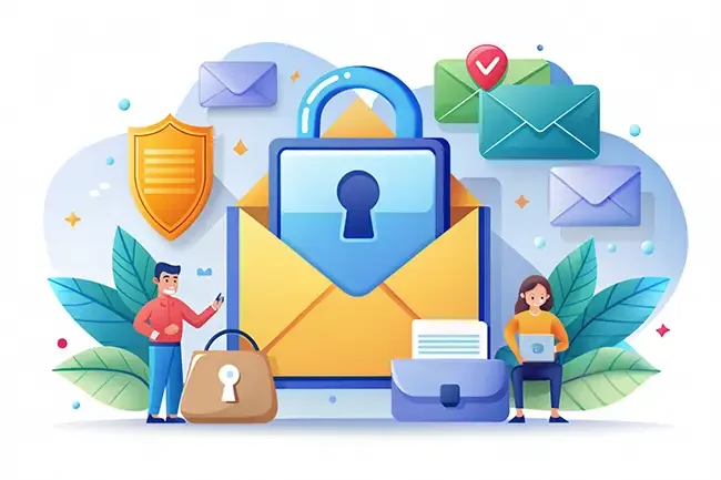 Illustration of a large envelope with a padlock symbolising email security, surrounded by mail icons, a shield, and two people—one with a laptop, the other with a briefcase featuring a lock.