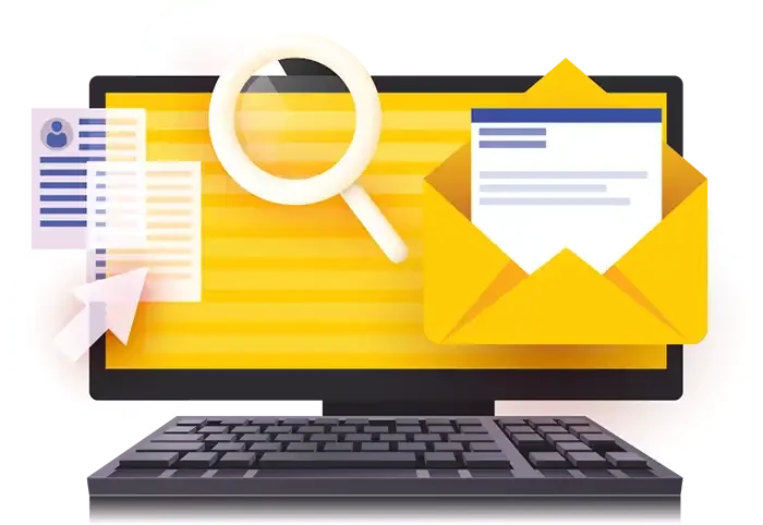 Illustration of a computer monitor and keyboard displaying documents, an envelope with a letter, a magnifying glass, and a cursor, symbolising online document search and email communication.