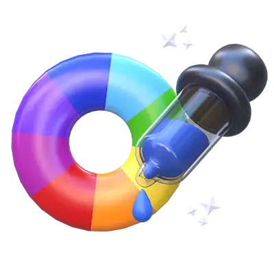 A multicoloured ring with segments in blue, green, yellow, orange, red, and purple, next to a black dropper releasing blue liquid onto the ring.