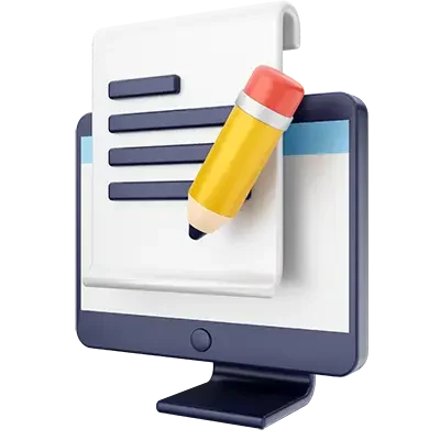 A 3D illustration of a computer monitor displaying a document with horizontal lines and a large yellow pencil writing on the page.