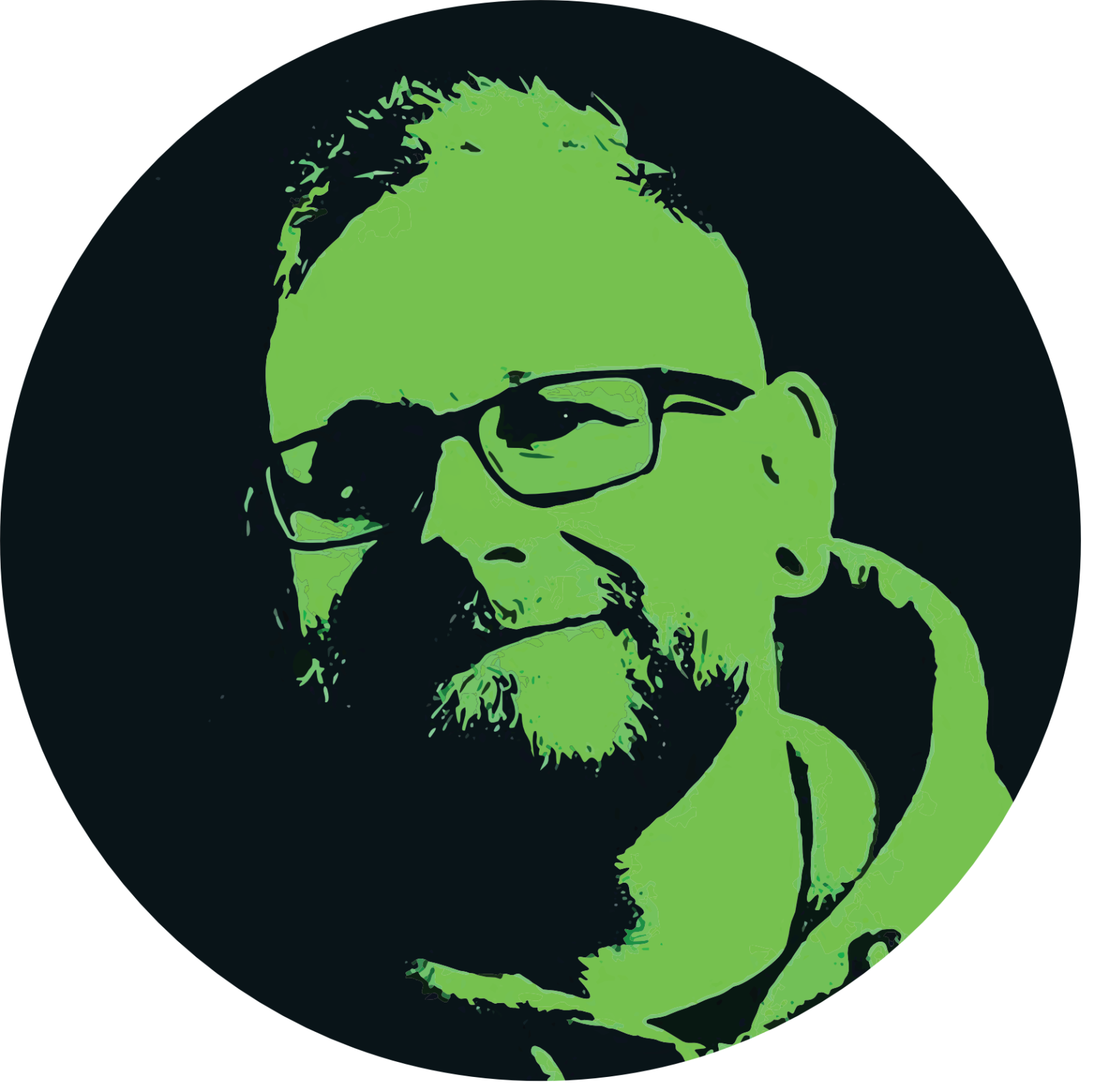A stylised, green-tinted portrait of a person with glasses, a beard, and short hair, set against a dark background with colourful graphic lines in the lower right corner.