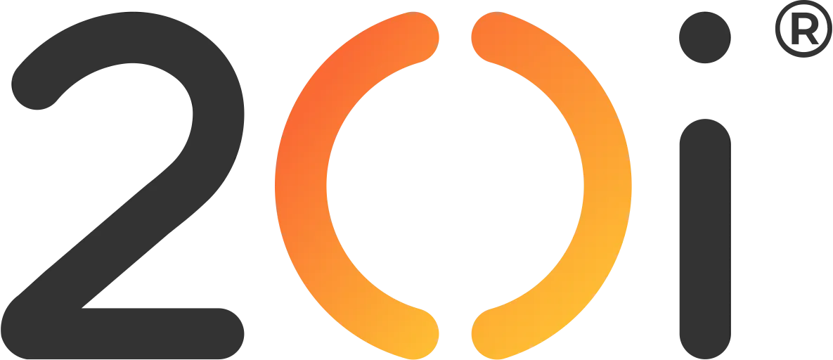 The 20i logo, consisting of the number 2, an orange gradient circle, and a lowercase i with a registered trade mark symbol.